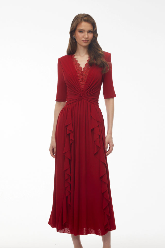Giovanna Red VNeck Ruched Midi Dress with Half Sleeves