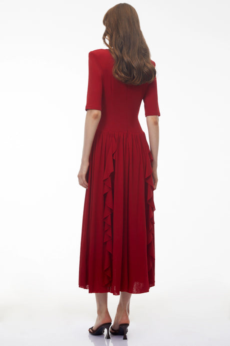 Melissa Midi Dress Red V-Neck Ruched with Half Sleeves