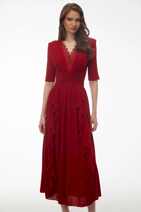 Melissa Midi Dress Red V-Neck Ruched with Half Sleeves