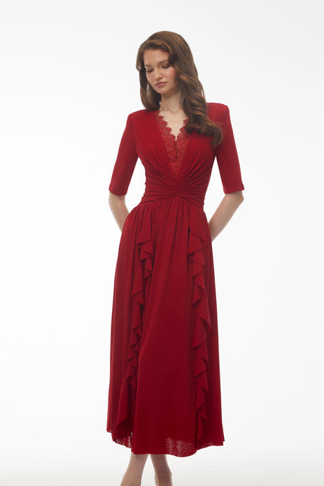 Melissa Midi Dress Red V-Neck Ruched with Half Sleeves