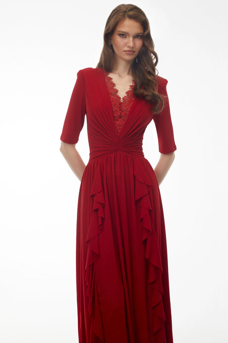 Melissa Midi Dress Red V-Neck Ruched with Half Sleeves