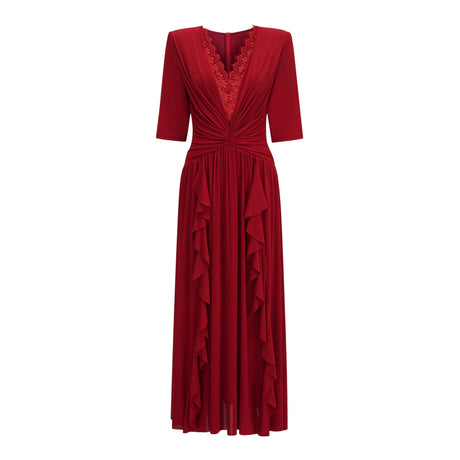 Melissa Midi Dress Red V-Neck Ruched with Half Sleeves