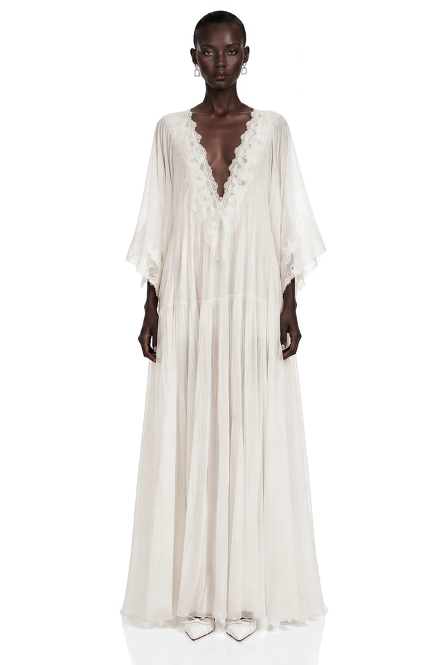 Giovanna White VNeck Maxi Dress with Lace Trim