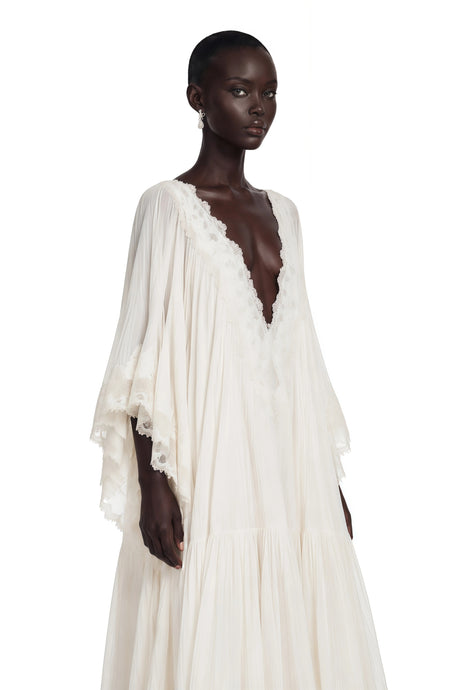 Zuri Maxi Dress White V-Neck with Lace Trim