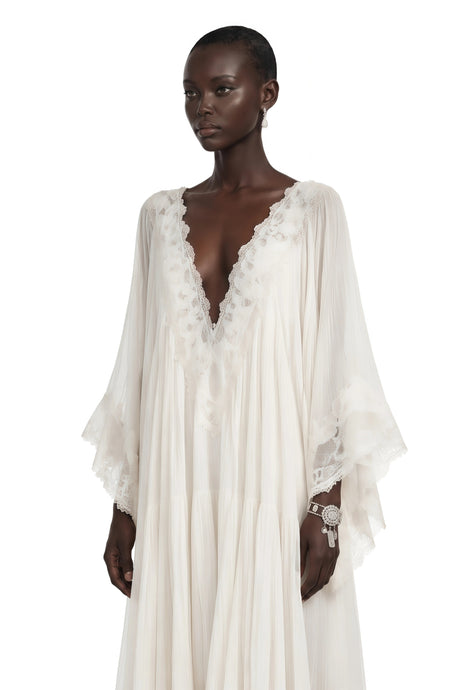 Zuri Maxi Dress White V-Neck with Lace Trim