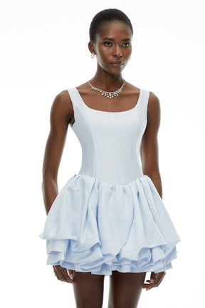 Giselle Dusty Blue Square Neck Tiered Mini Dress