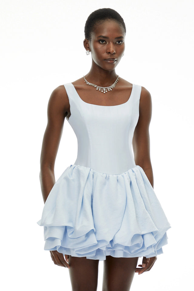 Giselle Dusty Blue Square Neck Tiered Mini Dress