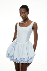 Giselle Dusty Blue Square Neck Tiered Mini Dress
