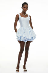 Giselle Dusty Blue Square Neck Tiered Mini Dress