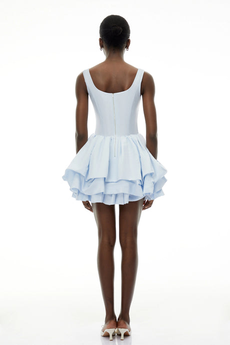 Gloria Mini Dress Dusty Blue Square Neck Tiered