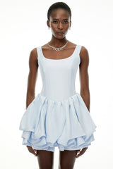 Giselle Dusty Blue Square Neck Tiered Mini Dress