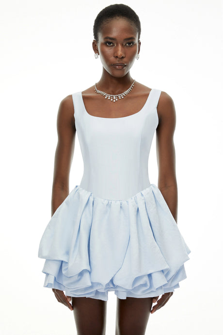 Gloria Mini Dress Dusty Blue Square Neck Tiered