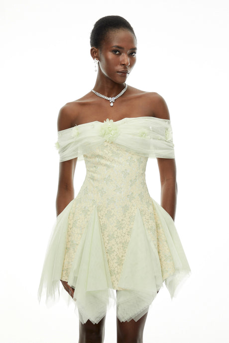 Rose Mini Dress Green Off Shoulder Butterfly Print