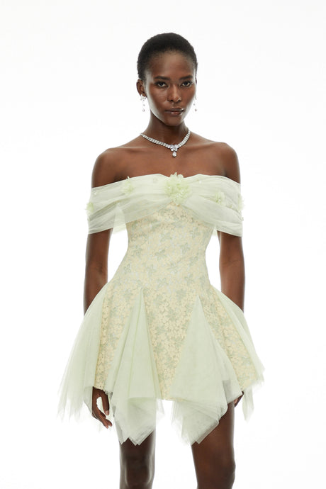 Rose Mini Dress Green Off Shoulder Butterfly Print