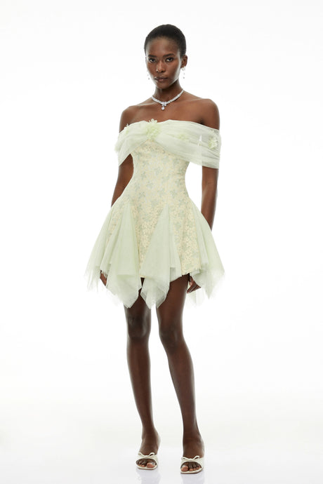Rose Mini Dress Green Off Shoulder Butterfly Print