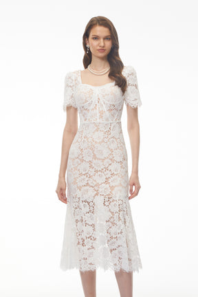 Giselle White Puff Sleeve Floral Lace Midi Dress