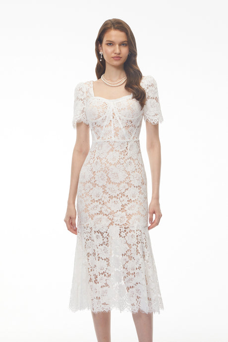 Gelsomina Midi Dress White Puff Sleeve Floral Lace