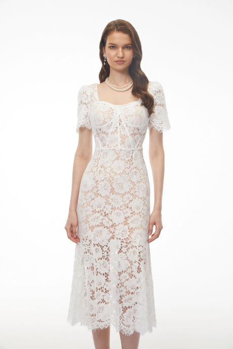 Gelsomina Midi Dress White Puff Sleeve Floral Lace
