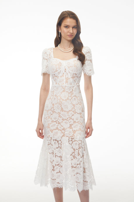 Gelsomina Midi Dress White Puff Sleeve Floral Lace