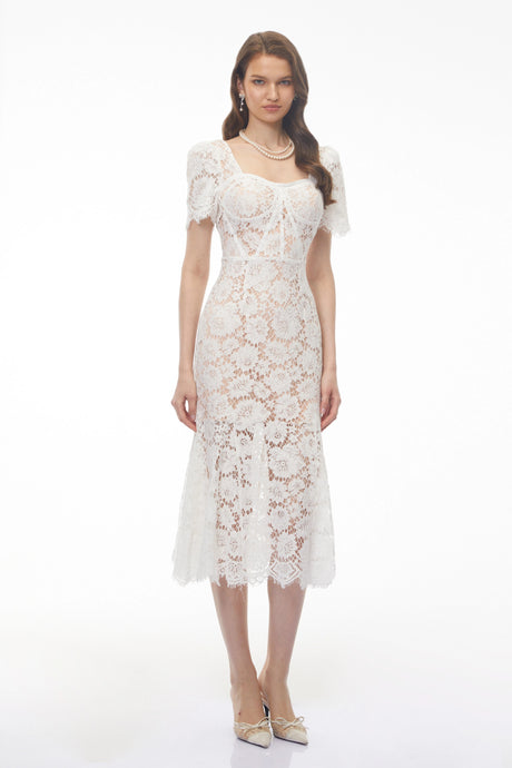 Gelsomina Midi Dress White Puff Sleeve Floral Lace
