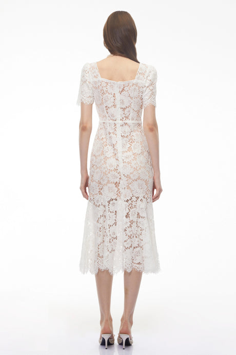 Gelsomina Midi Dress White Puff Sleeve Floral Lace