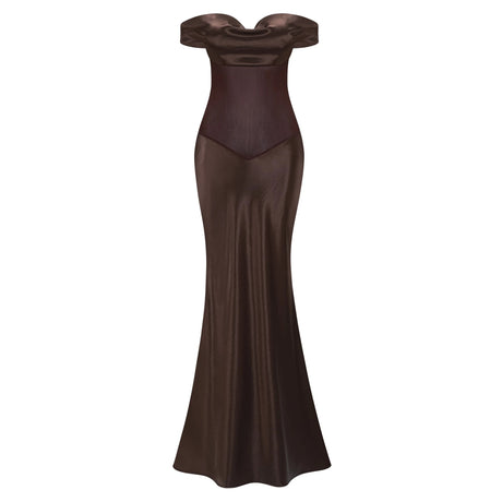 Felicita Brown Off Shoulder Satin Maxi Gown