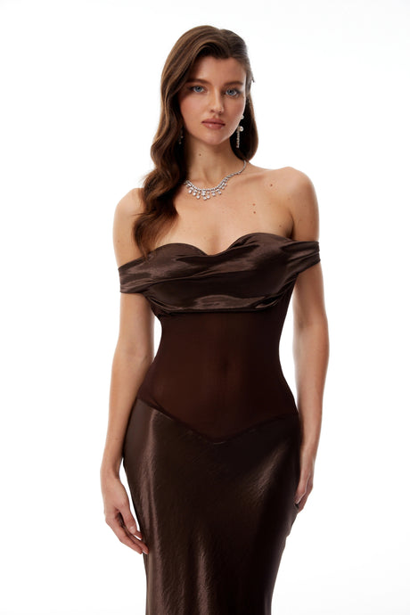 Felicita Brown Off Shoulder Satin Maxi Gown