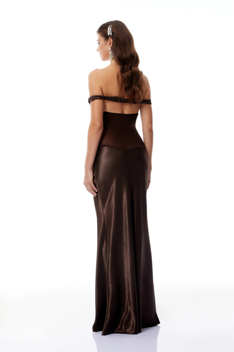 Felicita Brown Off Shoulder Satin Maxi Gown