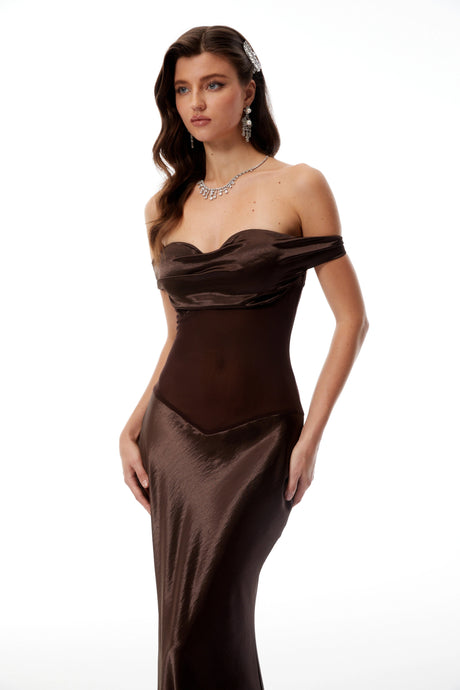 Felicita Brown Off Shoulder Satin Maxi Gown