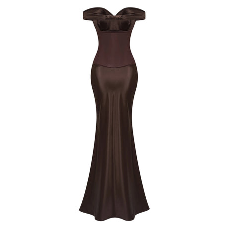 Felicita Brown Off Shoulder Satin Maxi Gown