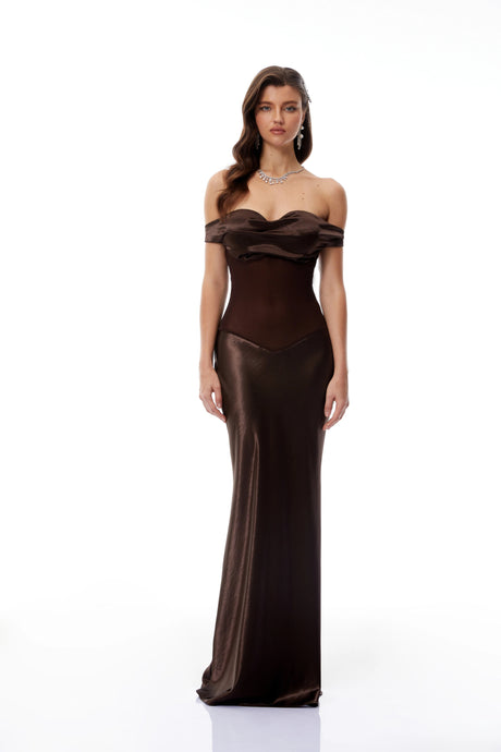 Felicita Brown Off Shoulder Satin Maxi Gown