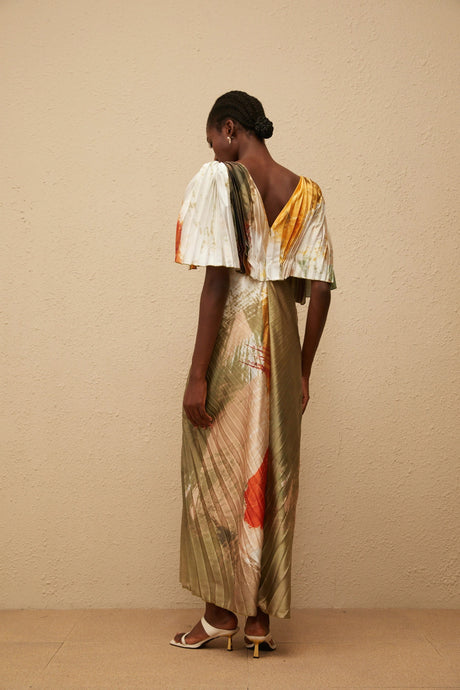 Violet Maxi Dress Green Smudged Graffiti Satin