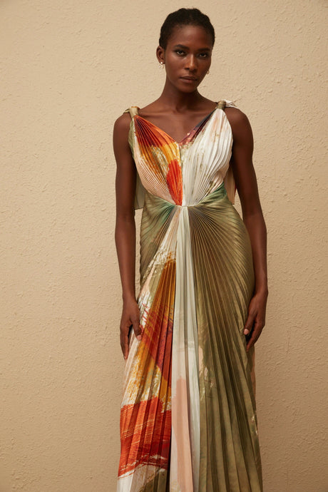 Violet Maxi Dress Green Smudged Graffiti Satin