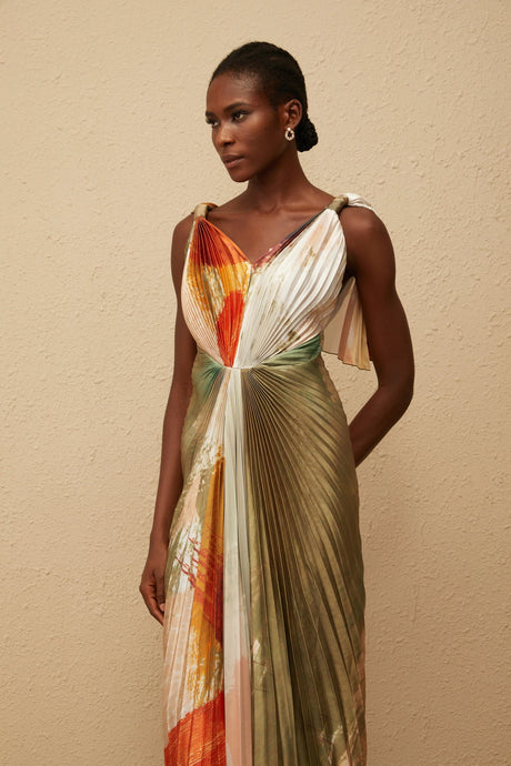 Violet Maxi Dress Green Smudged Graffiti Satin