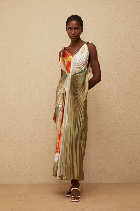 Violet Maxi Dress Green Smudged Graffiti Satin
