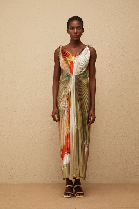 Violet Maxi Dress Green Smudged Graffiti Satin