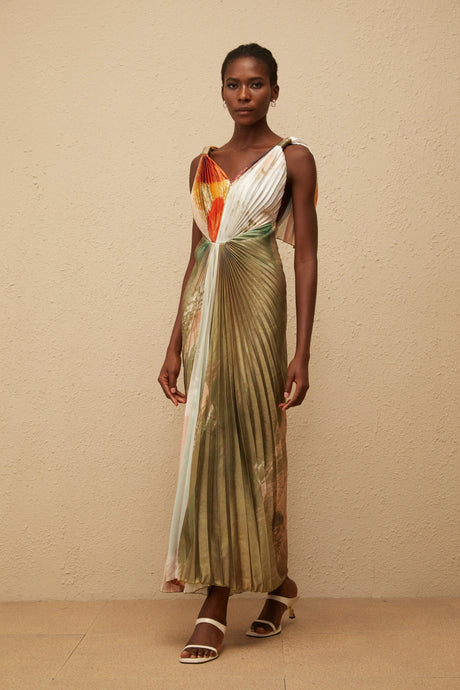 Violet Maxi Dress Green Smudged Graffiti Satin