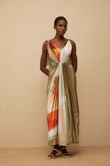 Violet Maxi Dress Green Smudged Graffiti Satin