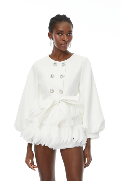 Haven Mini Dress White Belted Ruffled Panel