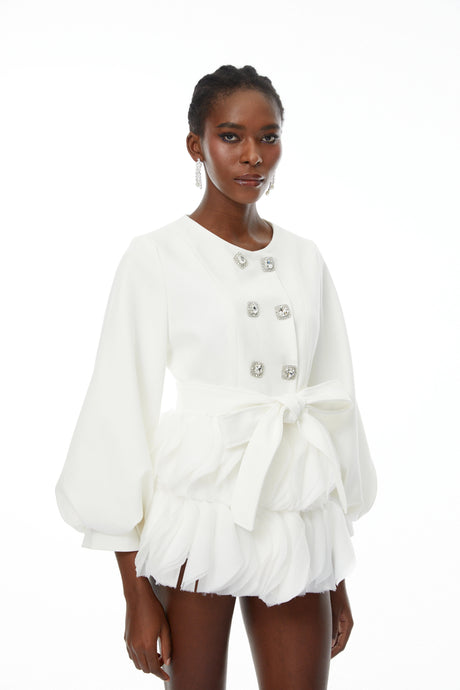 Haven Mini Dress White Belted Ruffled Panel