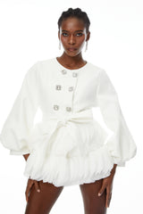 Giulia White Belted Ruffled Panel Mini Dress
