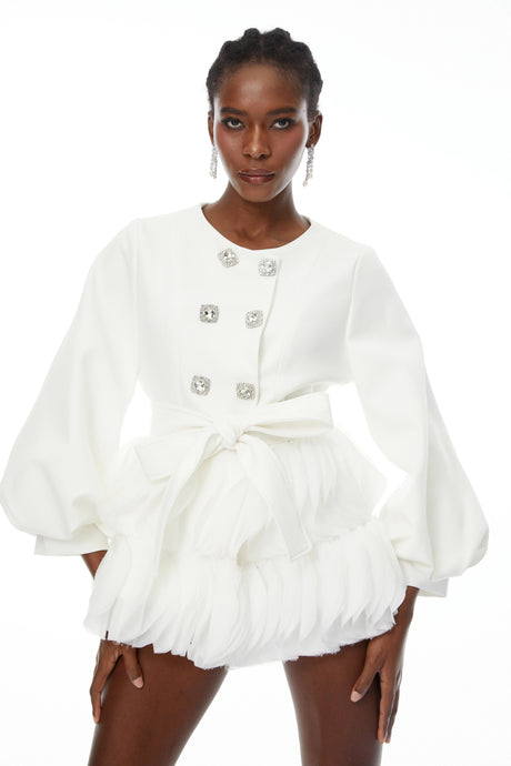 Haven Mini Dress White Belted Ruffled Panel