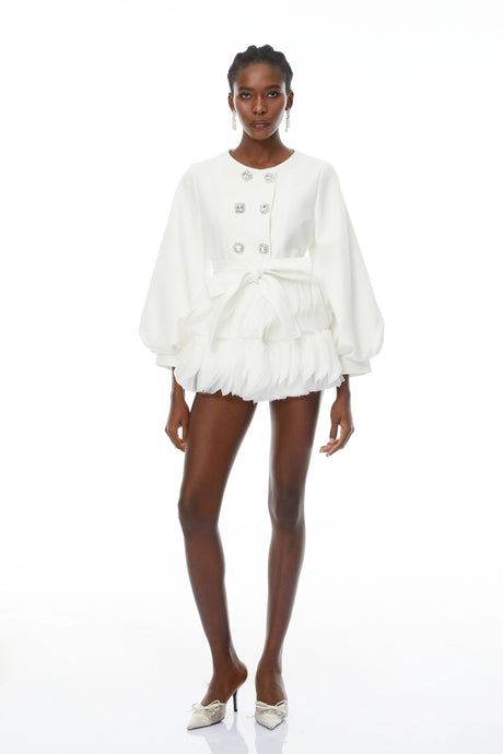 Haven Mini Dress White Belted Ruffled Panel