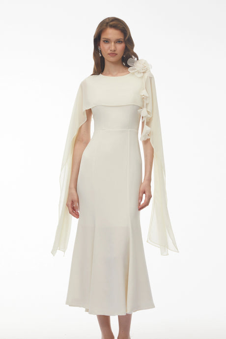 Elaina Midi Dress White with Cape Sleeves and 3D Florals