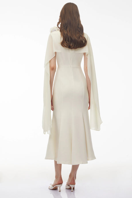 Elaina Midi Dress White with Cape Sleeves and 3D Florals