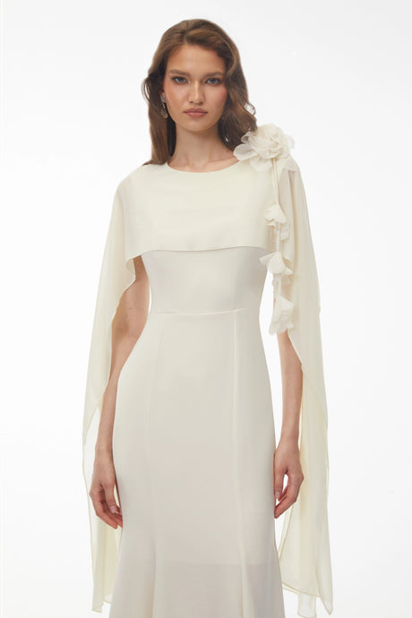 Elaina Midi Dress White with Cape Sleeves and 3D Florals
