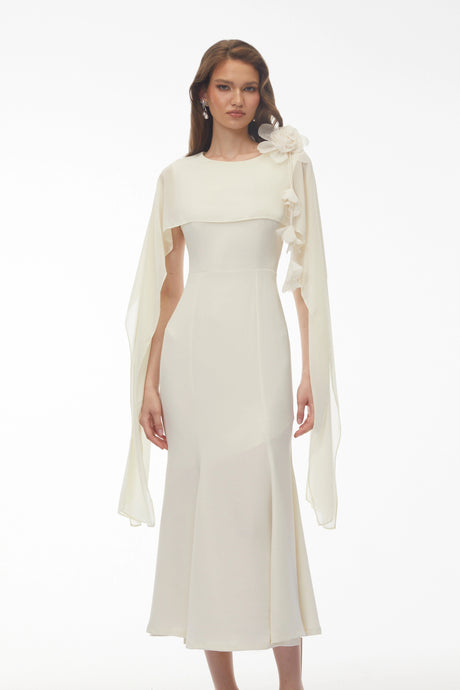 Elaina Midi Dress White with Cape Sleeves and 3D Florals