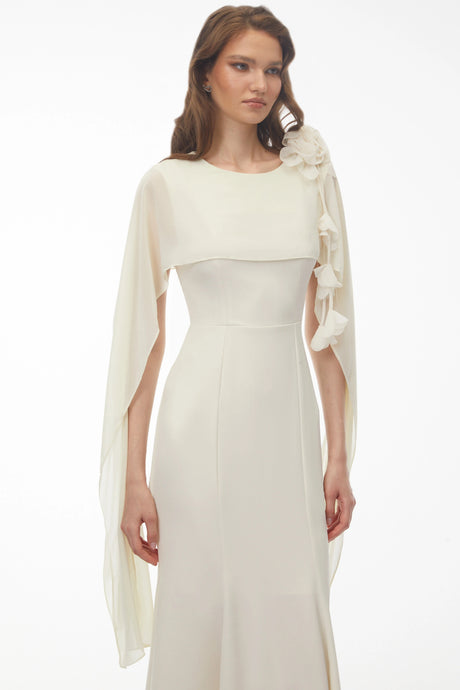 Elaina Midi Dress White with Cape Sleeves and 3D Florals