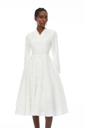 Giuseppin White VNeck Lace Panel Midi Dress