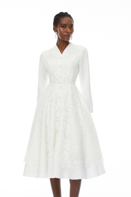 Andrea Midi Dress White V-Neck Lace Panel